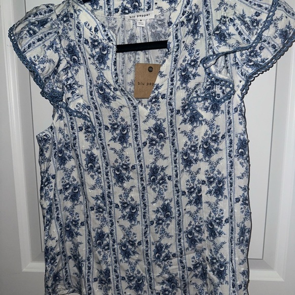 Blu Pepper Tops - Blu Pepper Blue and White Floral Blouse